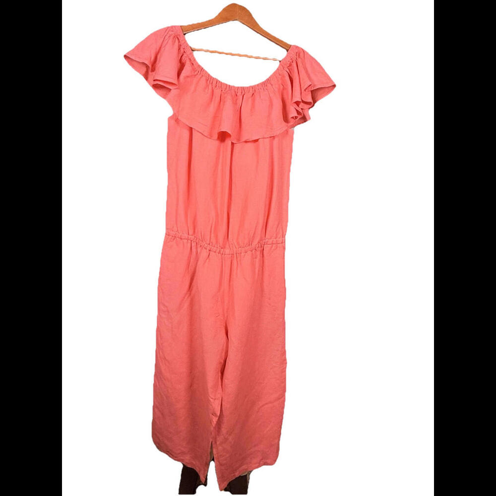 Tommy Bahama Womens  Sz M Off The Shoulder Jumpsuit Linen Blend Crop Coral Pink‎